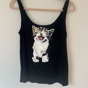 Divided Black Tank‎ Top with Cute Cat Design Small